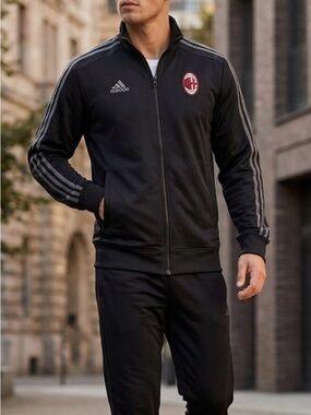 adidas Black AC Milan Track Jacket with Gray Stripes M